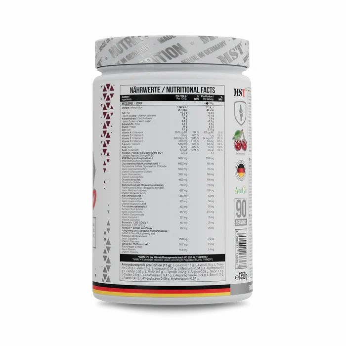Rückseite der weißen Dose MST Flex Pro. Nährwertangaben, Zutatenliste. Deutscher Flaggenstreifen. 90 Portionen.