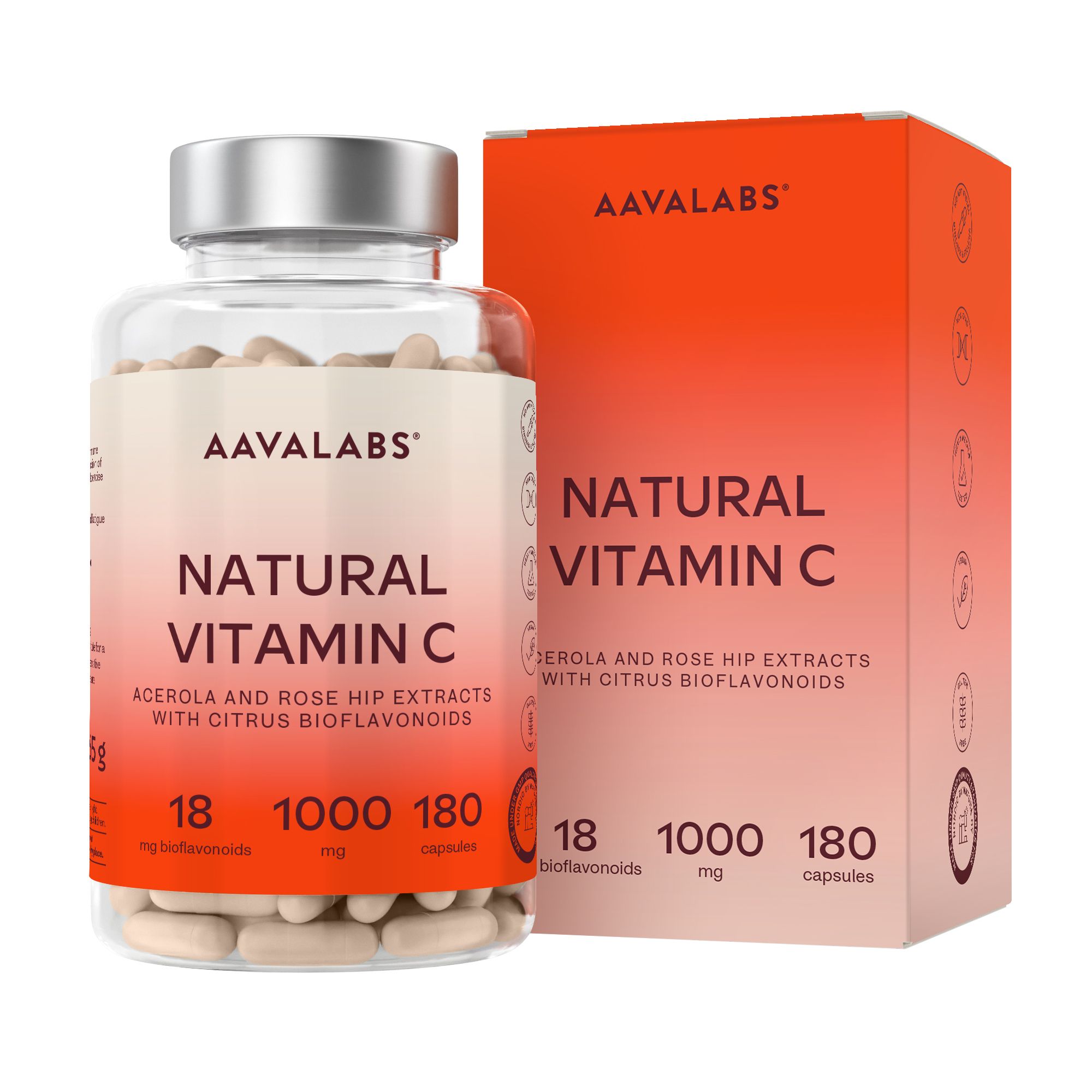 Produktverpackung. Flasche und Schachtel. AAVALABS NATURAL VITAMIN C. 1000 mg Vitamin C, 180 Kapseln.