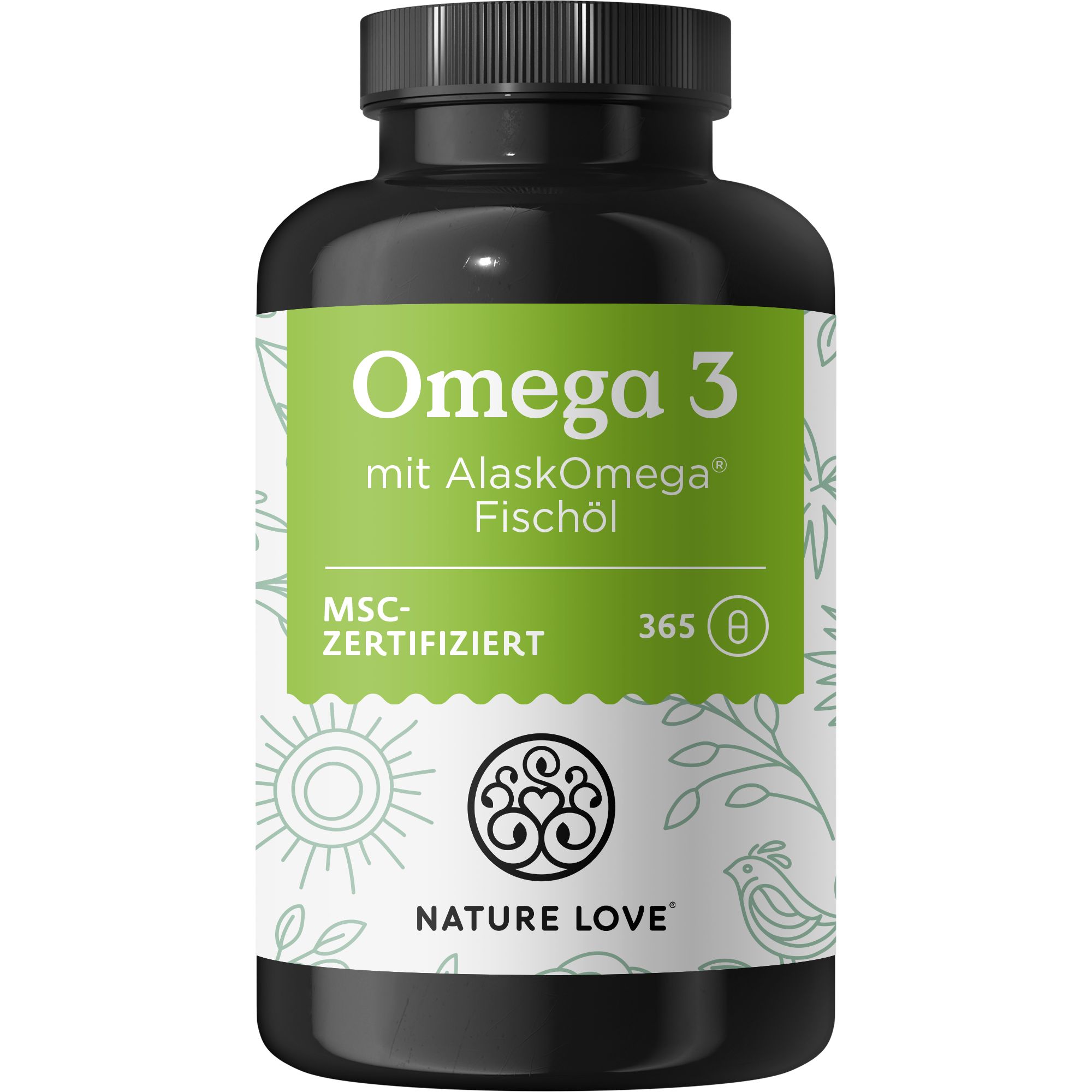 Schwarze Flasche mit Omega 3 Kapseln. Grün-weißes Etikett mit "Omega 3 mit AlaskOmega Fischöl". MSC-Zertifizierung. Marke NATURE LOVE®.