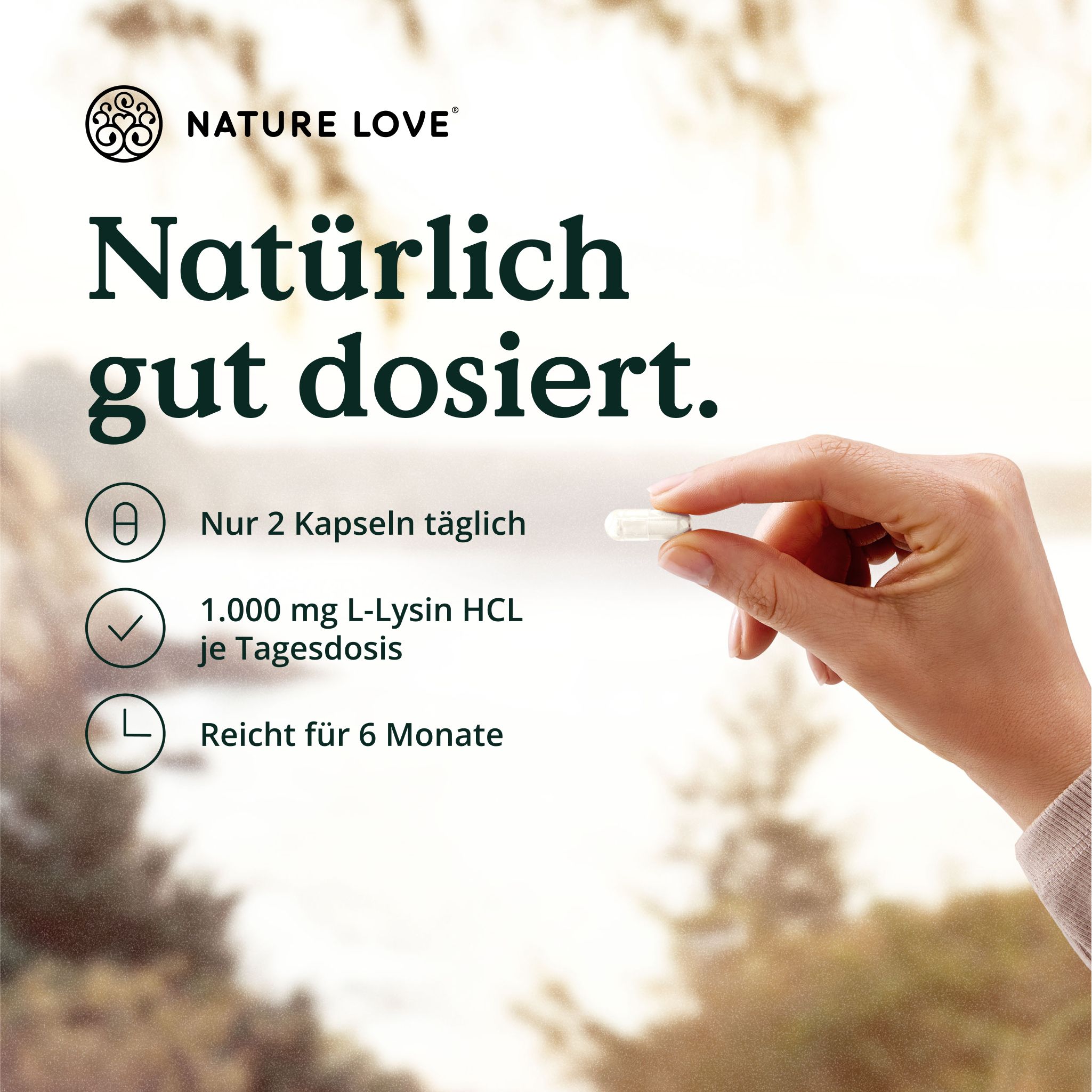 Hand hält eine Kapsel. Text: 2 Kapseln täglich, 1.000 mg L-Lysin HCL, reicht für 6 Monate. Marke: NATURE LOVE®.