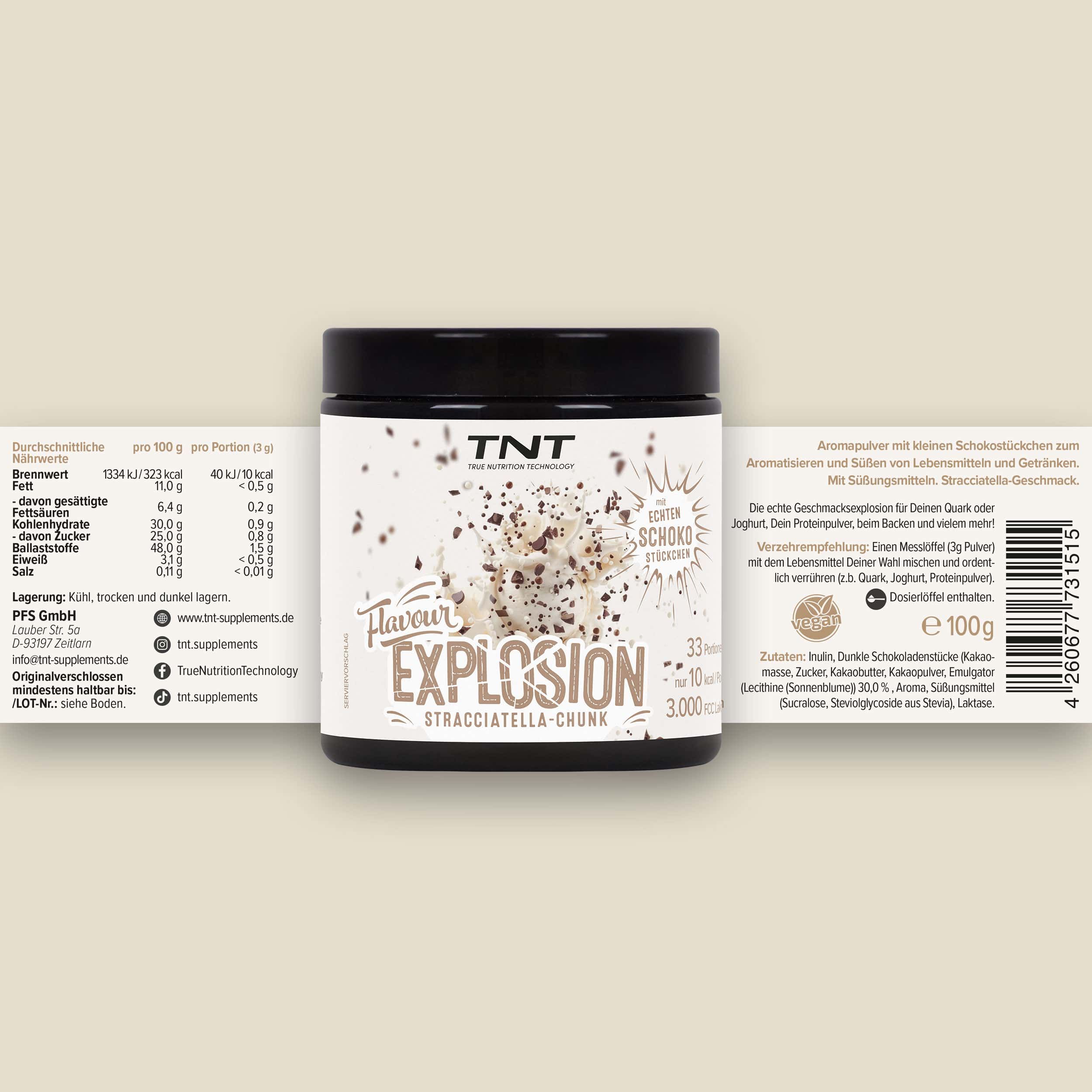 TNT Flavour Explosion Stracciatella-Chunk Pulver in einem schwarzen Behälter mit Etikett.