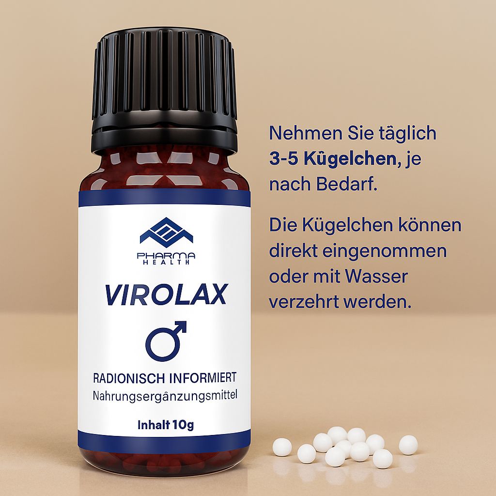 Braune Glasflasche mit schwarzem Deckel. Weißes Etikett mit Logo, Produktname "Virolax" und männlichem Symbol. Pillen daneben. Textanmerkungen.