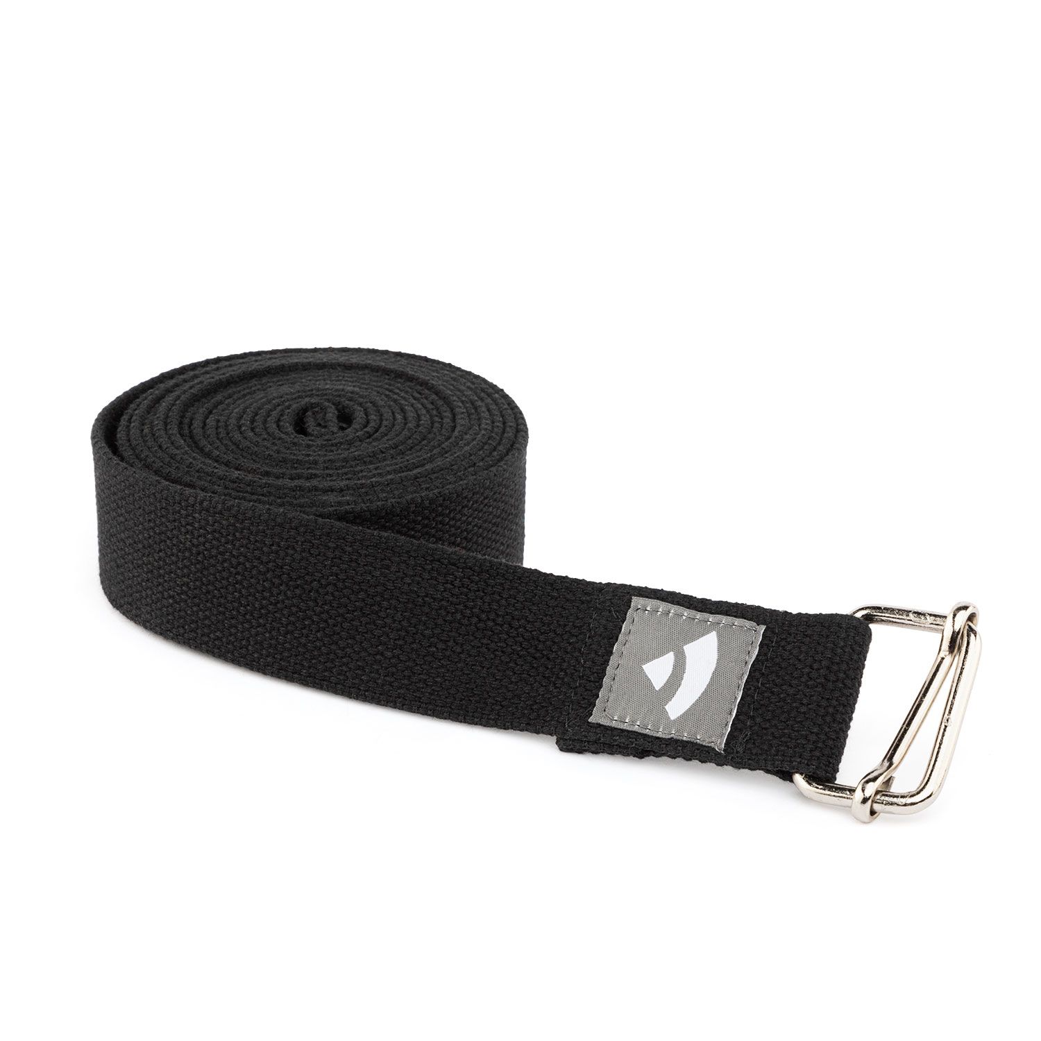 Gerollter schwarzer Asana Belt Pro aus Baumwolle. Mit Metallschnalle und Logo.