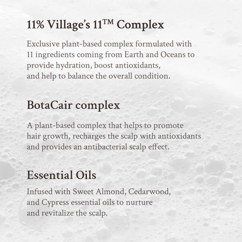 Text über Inhaltsstoffe: 11% Village's 11TM Complex, BotaCair complex, und ätherische Öle. Beschreibungen der Inhaltsstoffe.