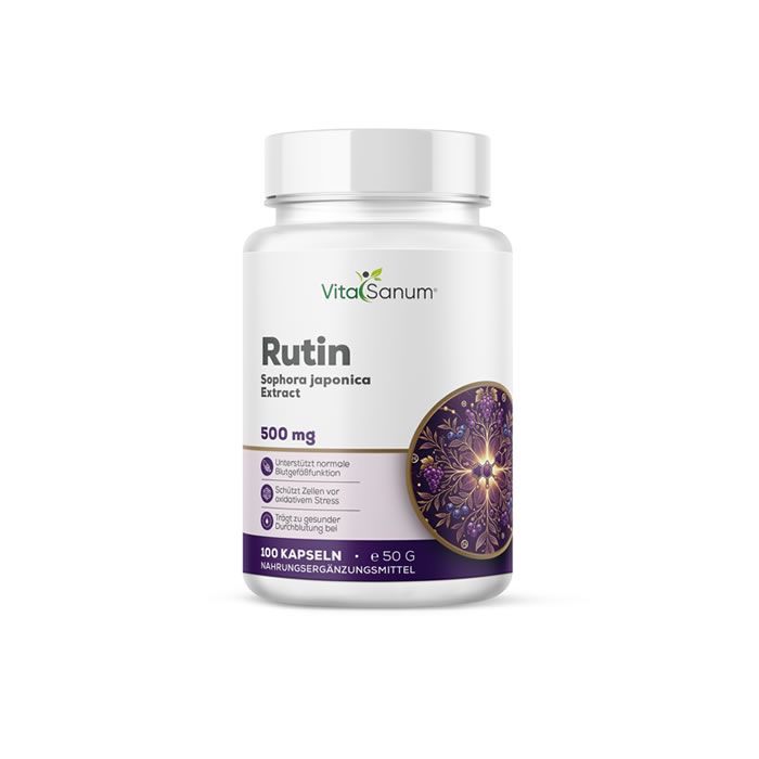 Weiße Flasche VitaSanum Rutin. Aufschrift: Rutin, Sophora japonica Extract, 500 mg. Lila-goldenes Design.