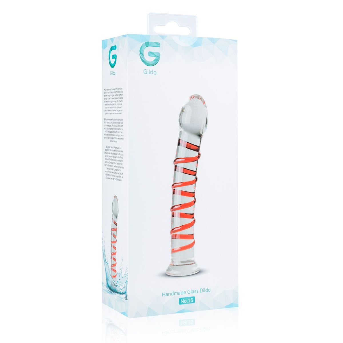 Verpackung von Glasdildo No. 15. Weißer Karton mit Produktabbildung und Logo. Text: Handmade Glass Dildo No. 15.