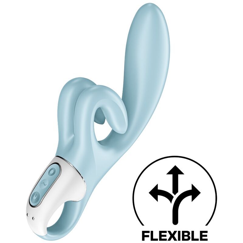 Blauer Vibrator mit geschwungener Form und weißem Bedienfeld. Flexibel-Symbol.