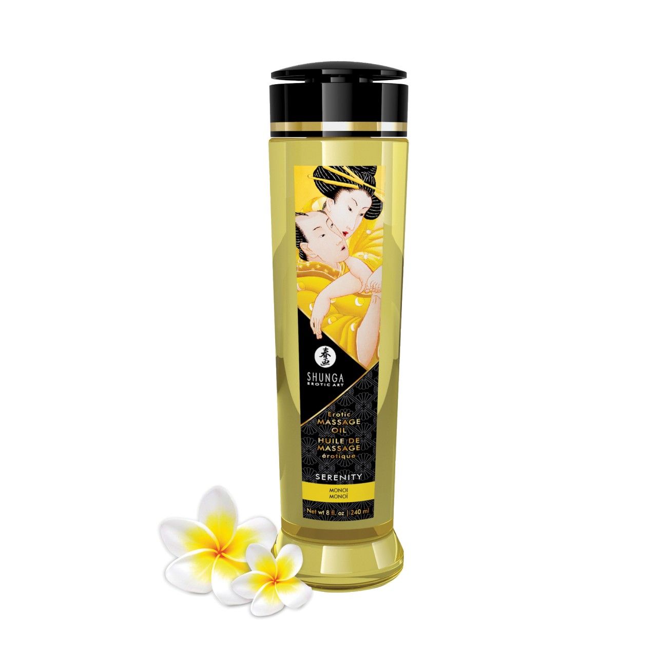Shunga Massageöl Serenity Monoi in klarer Flasche mit schwarzem Deckel. Vorderseite mit asiatischem Motiv und Produktinformationen.