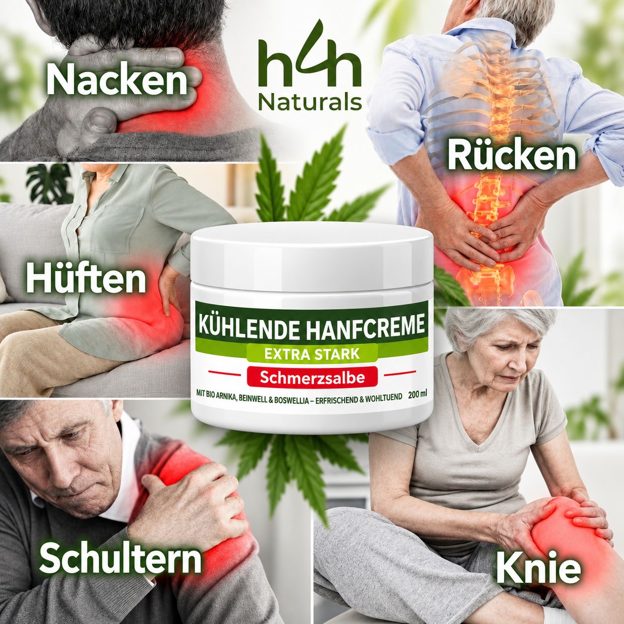 Kühlende Hanfcreme Extra Stark Schmerzalbe mit Bio Arnika, Beinwell & Boswellia - Erfrischend & Wohltuend 200 ml.