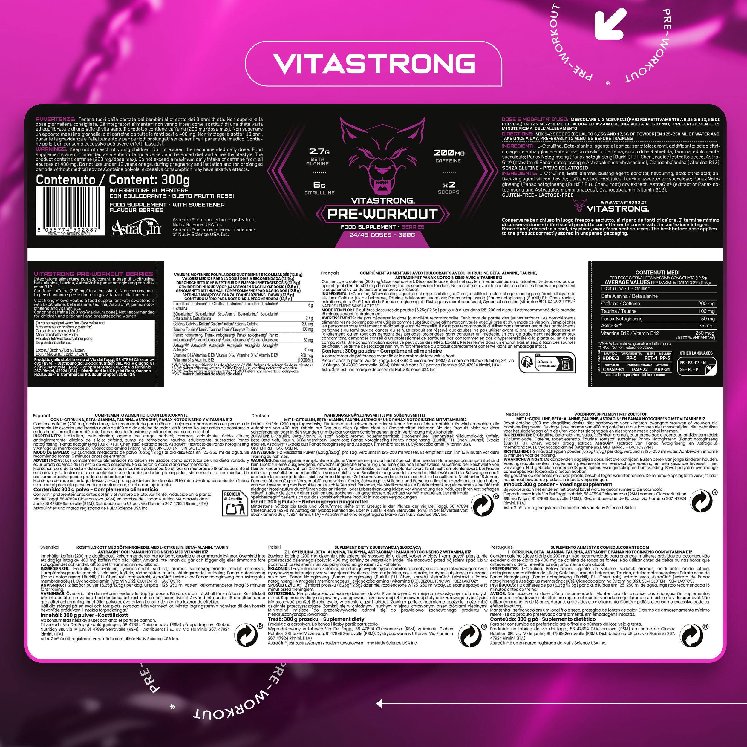 Verpackung Vitastrong Pre-Workout, Beeren, 300g. Text und Nährwertangaben. Wolf-Logo und rosa Schrift.