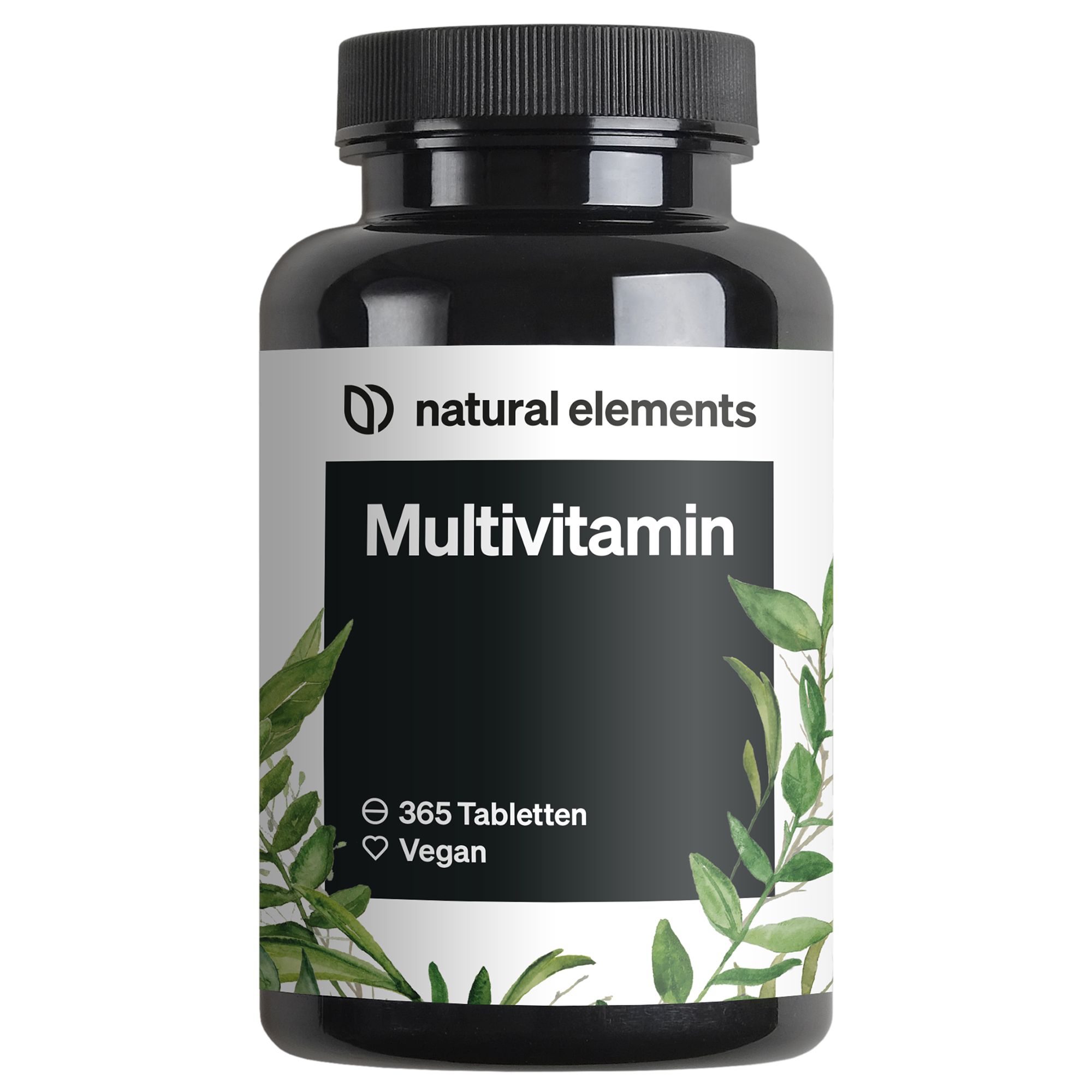 Schwarze Flasche "natural elements Multivitamin". Weißes Etikett mit Produktnamen, 365 Tabletten und vegan.