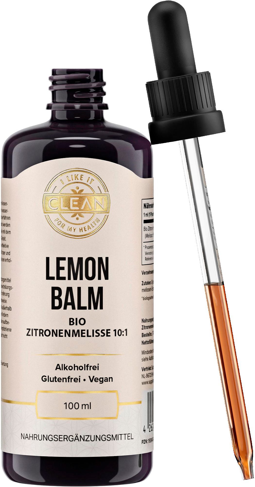 Flasche mit Pipette: Zitronenmelisse Extrakt 10:1, 100ml, alkoholfrei, glutenfrei, vegan.