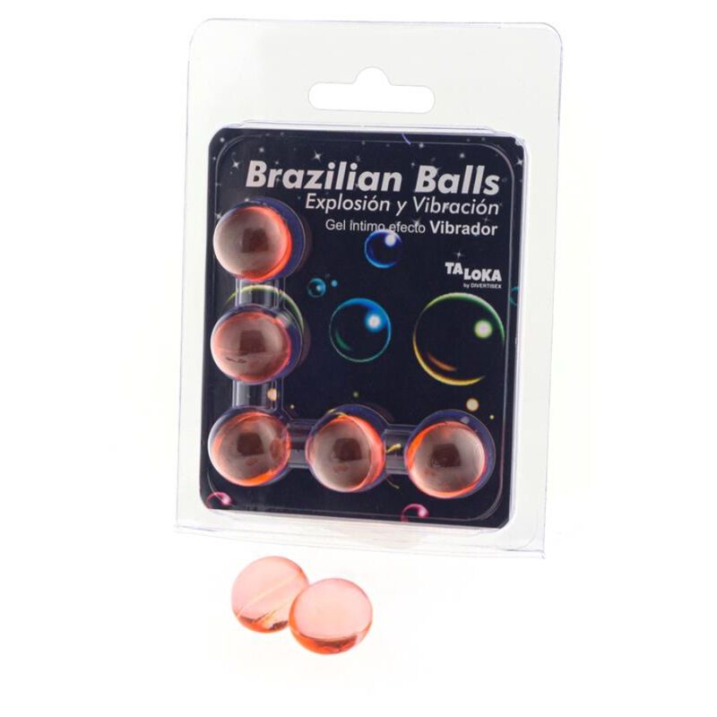 Blisterpack mit sechs rosafarbenen Kugeln. Zwei Kugeln liegen daneben. Aufschrift: Brazilian Balls, Taloka.