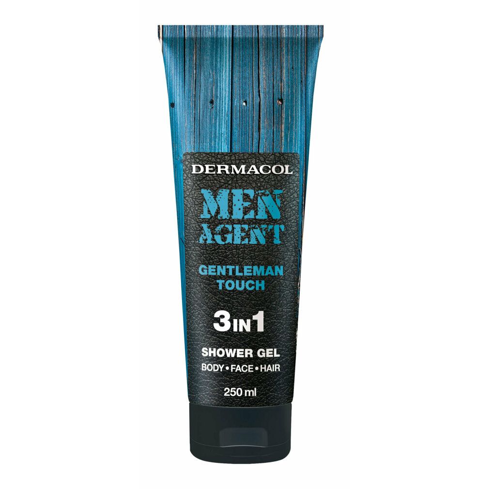 Duschgel-Tube. Marke Dermacol, Men Agent, Gentleman Touch 3in1. Blaue Tube mit schwarzem Deckel. Text: Shower Gel, Body, Face, Hair.