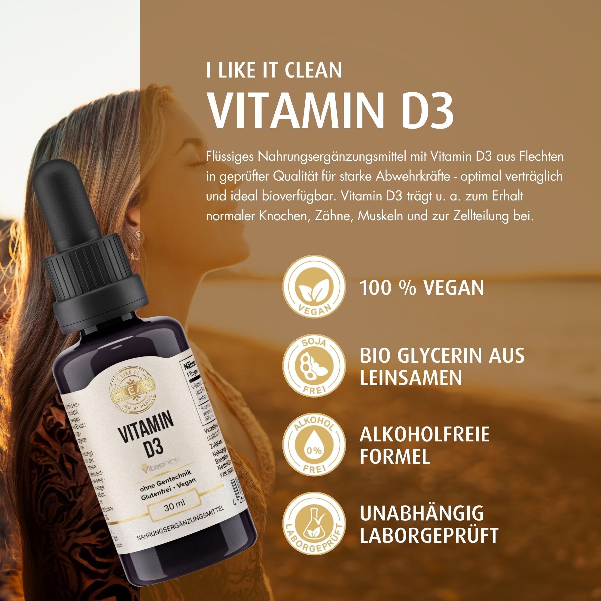 Braune Glasflasche mit schwarzem Deckel und Pipette. Aufschrift: Vitamin D3. Vegan, glutenfrei. 30 ml.