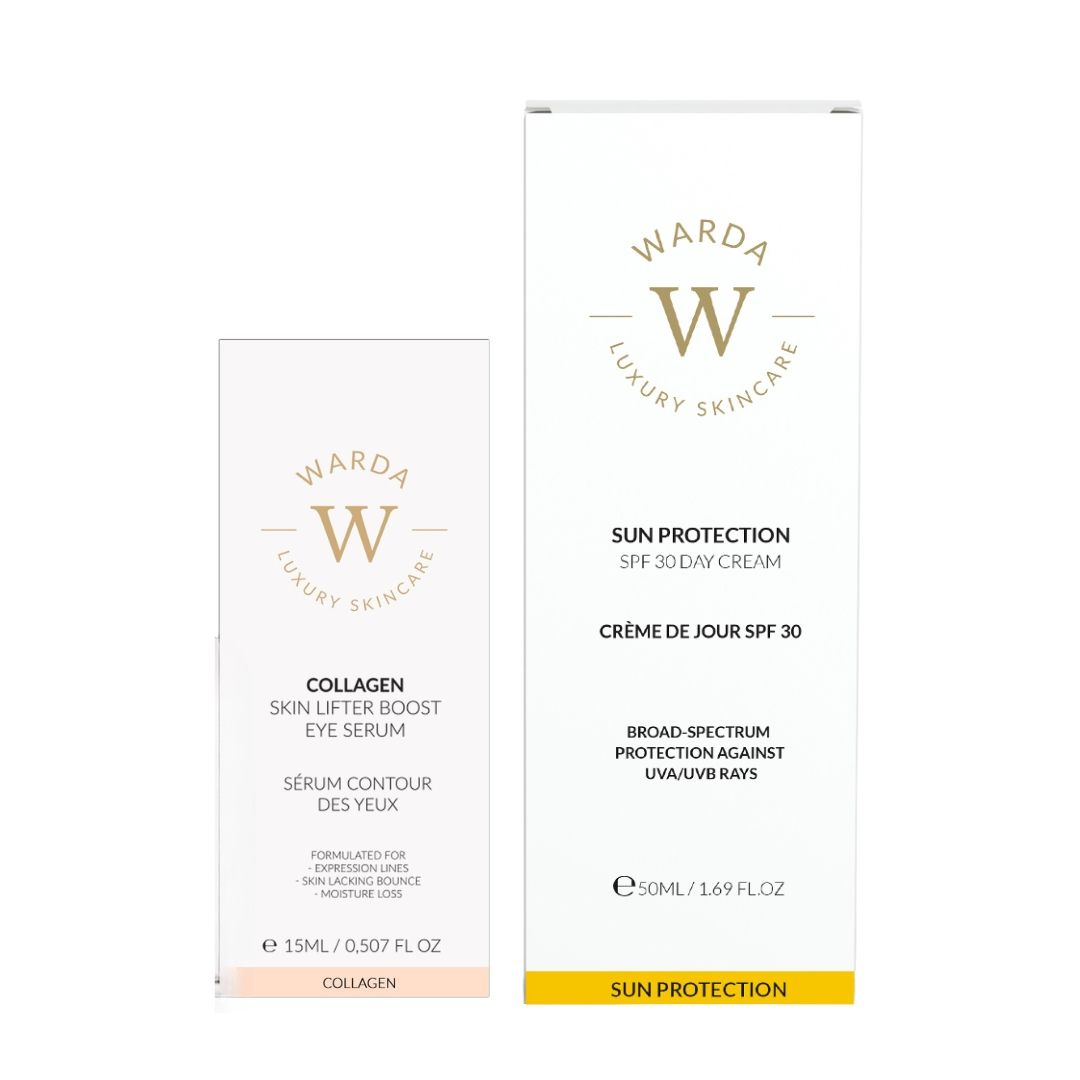 Warda Luxury Skincare Produkte: Kollagen-Serum, Tagescreme LSF 30. Verpackung. Weiß, gelb. Text.