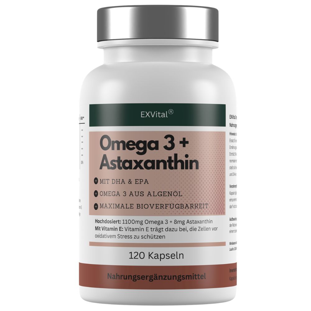 Eine weiße Flasche EXVital Omega 3 + Astaxanthin Kapseln. Etikett mit Nährwertangaben.