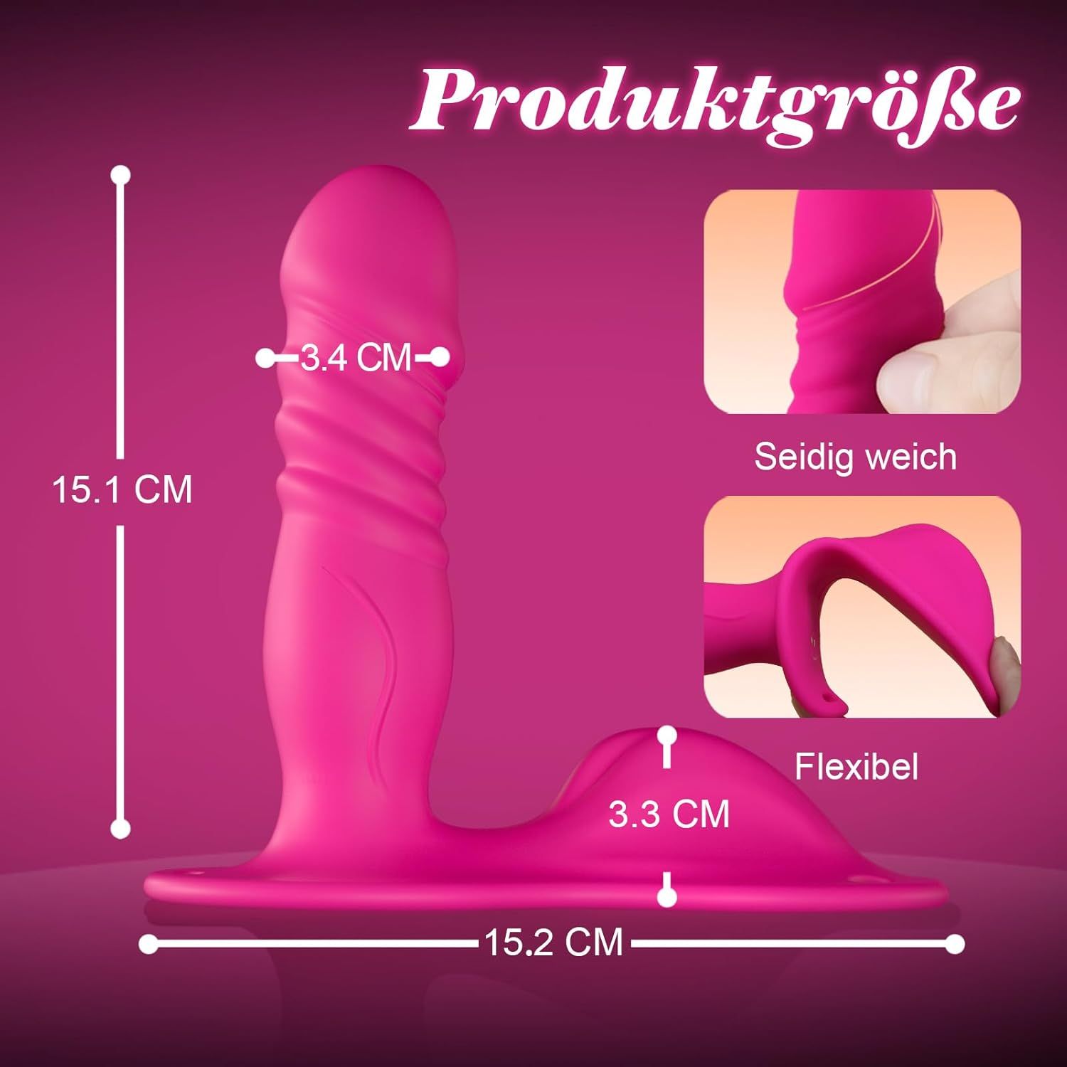 Pinkfarbener Aufsitzdildo mit Maßen: 15,1 cm hoch, 15,2 cm breit. Detailansichten: 3,4 cm, 3,3 cm. Text: flexibel, seidig weich.