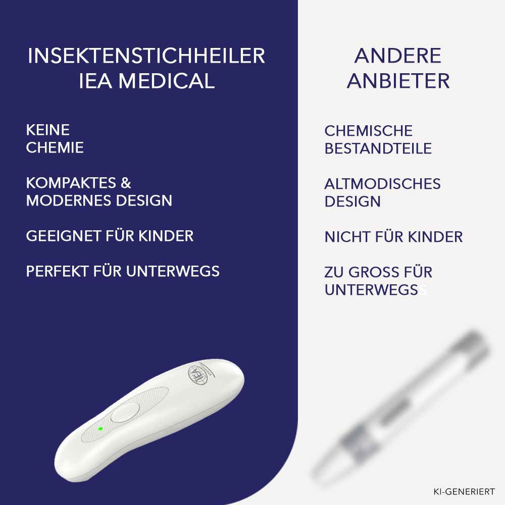 Vergleich von weißem IEA MEDICAL Insektenstichheiler mit Konkurrenzprodukten.
