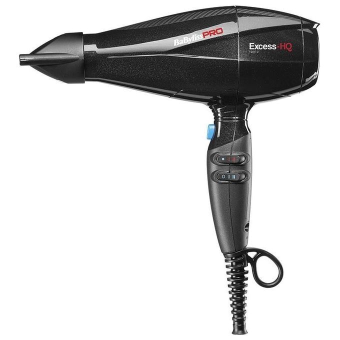 Schwarzer Haartrockner BaByliss PRO Excess HQ. Mit Bedienknöpfen und Kabel. Ansicht von vorne.