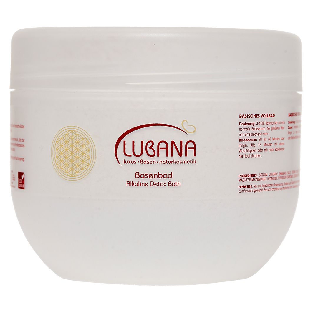 Weißer Behälter mit rotem Logo. Text: Lubana Basenbad Alkaline Detox Bath. Aufschrift: luxus-basen-naturkosmetik.