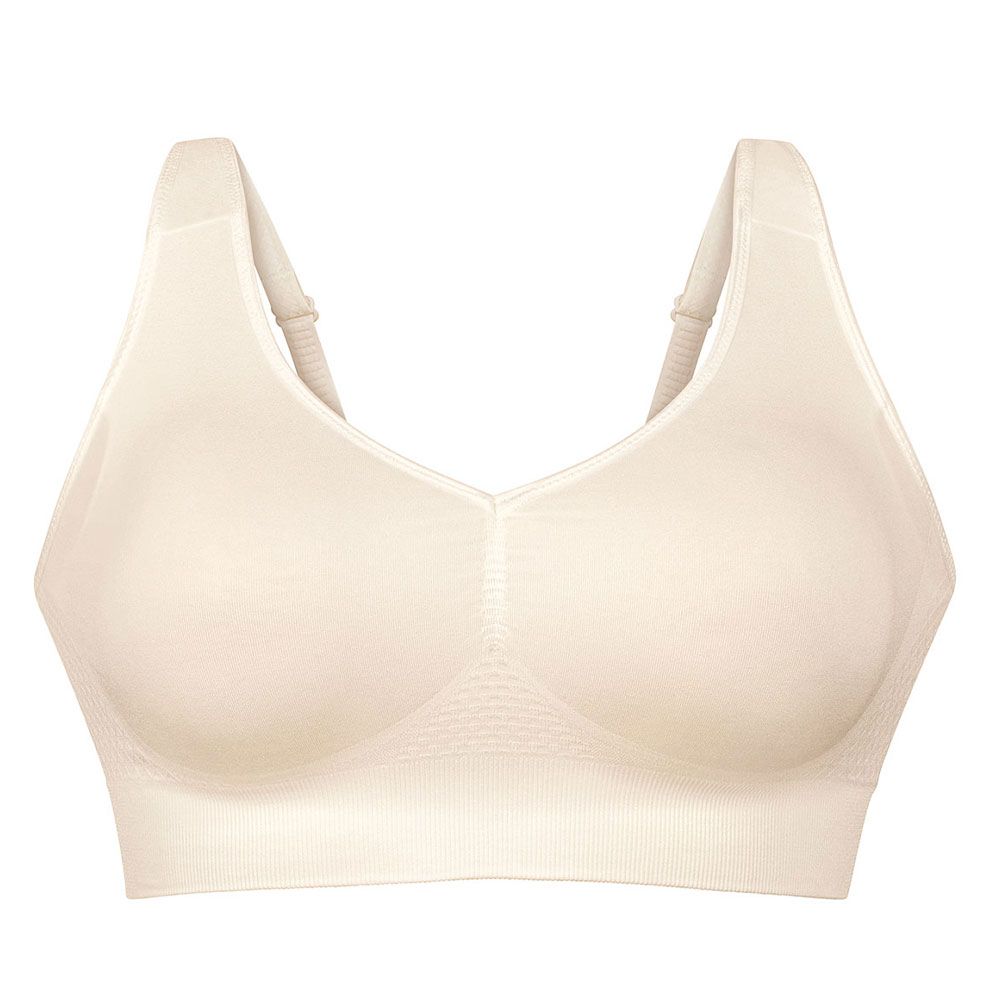 Beige Prothesen-BH. V-Ausschnitt, breite Träger. Nahtdetails. Draufsicht.