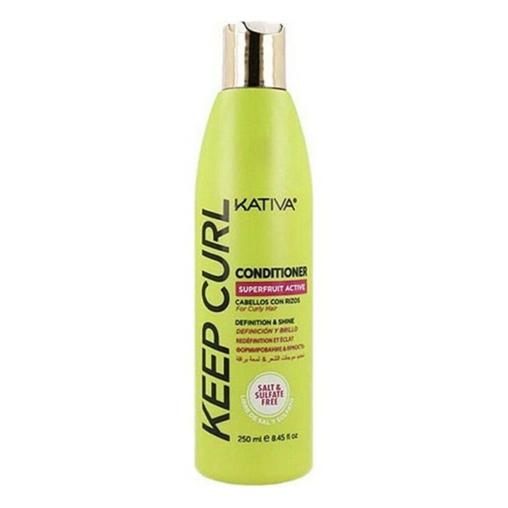 Grüne Flasche mit goldfarbenem Deckel. Aufschrift: Kativa Keep Curl Conditioner, Superfruit Active, für lockiges Haar. Enthält 250 ml.
