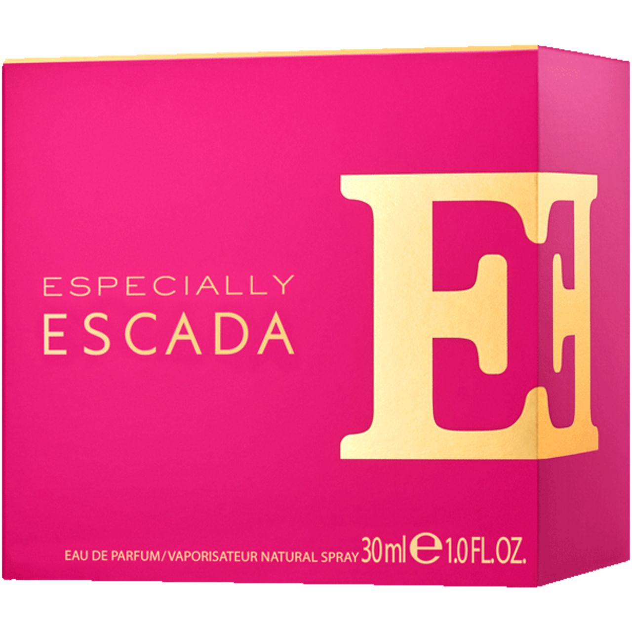 Verpackung von Escada, Especially EdP Nat. Spray. Pinke Verpackung mit goldener Schrift und großem 'E'.