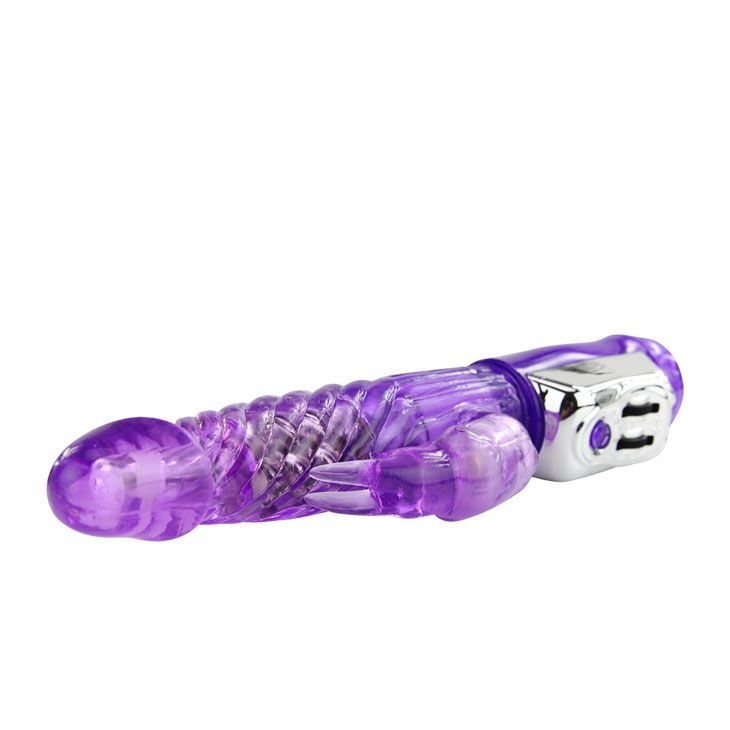 Lila Vibrator mit geriffelter Oberfläche und Hasenohren-Aufsatz. Der Vibrator hat einen silberfarbenen Bedienbereich.