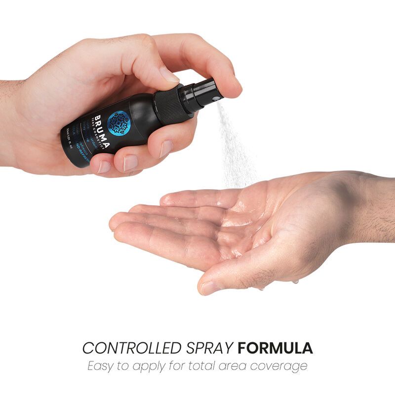 Schwarze Sprühflasche, Produktname Bruma. Eine Hand hält die Flasche, die andere empfängt den Sprühnebel. Aufschrift: Controlled Spray Formula.