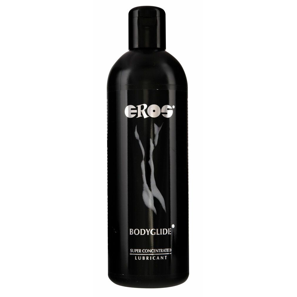 Schwarze Flasche mit "EROS"-Logo und "BODYGLIDE"-Schriftzug. Enthält eine Abbildung einer Frau. "SUPER CONCENTRATE LUBRICANT" darunter.