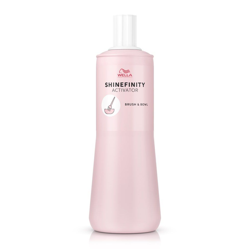 Rosa Flasche mit weißem Deckel. Aufschrift: SHINEFINITY ACTIVATOR. Logo: WELLA. Abbildung: Pinsel und Schüssel.