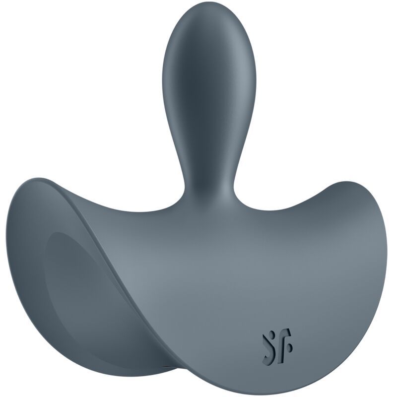 Grauer Analplug mit breiter, geschwungener Basis und einem Griff. SF Logo sichtbar.