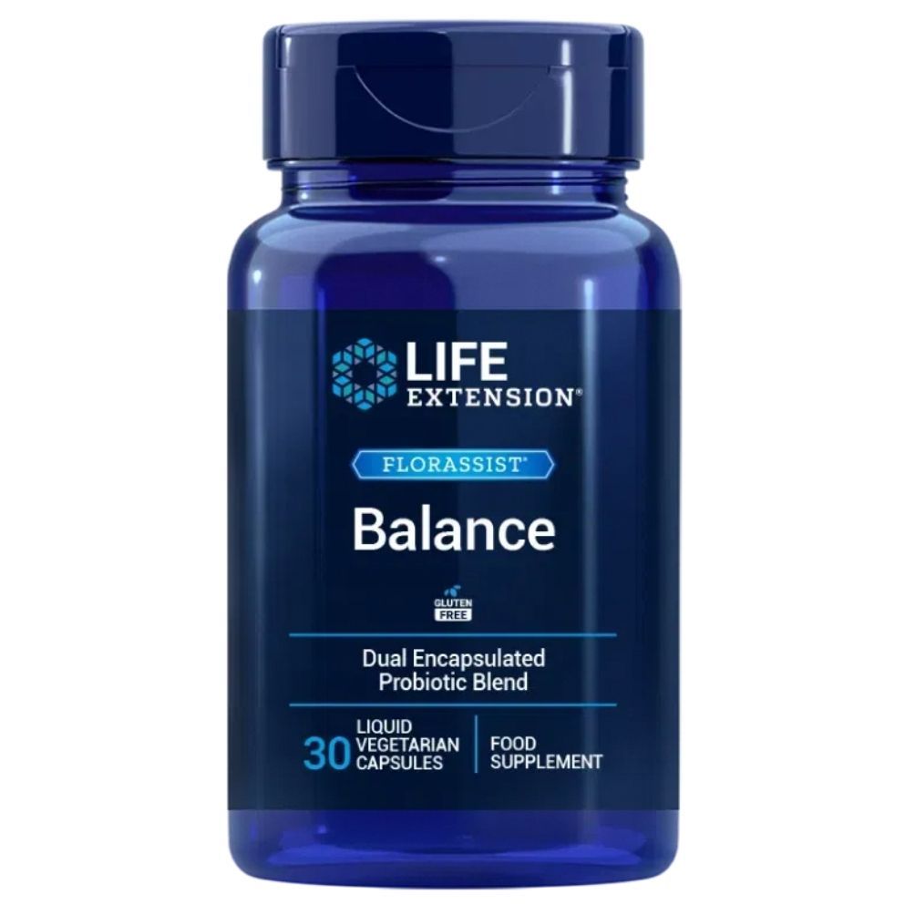 Life Extension Florassist Balance Probiotika-Kapseln in blauem Behälter.