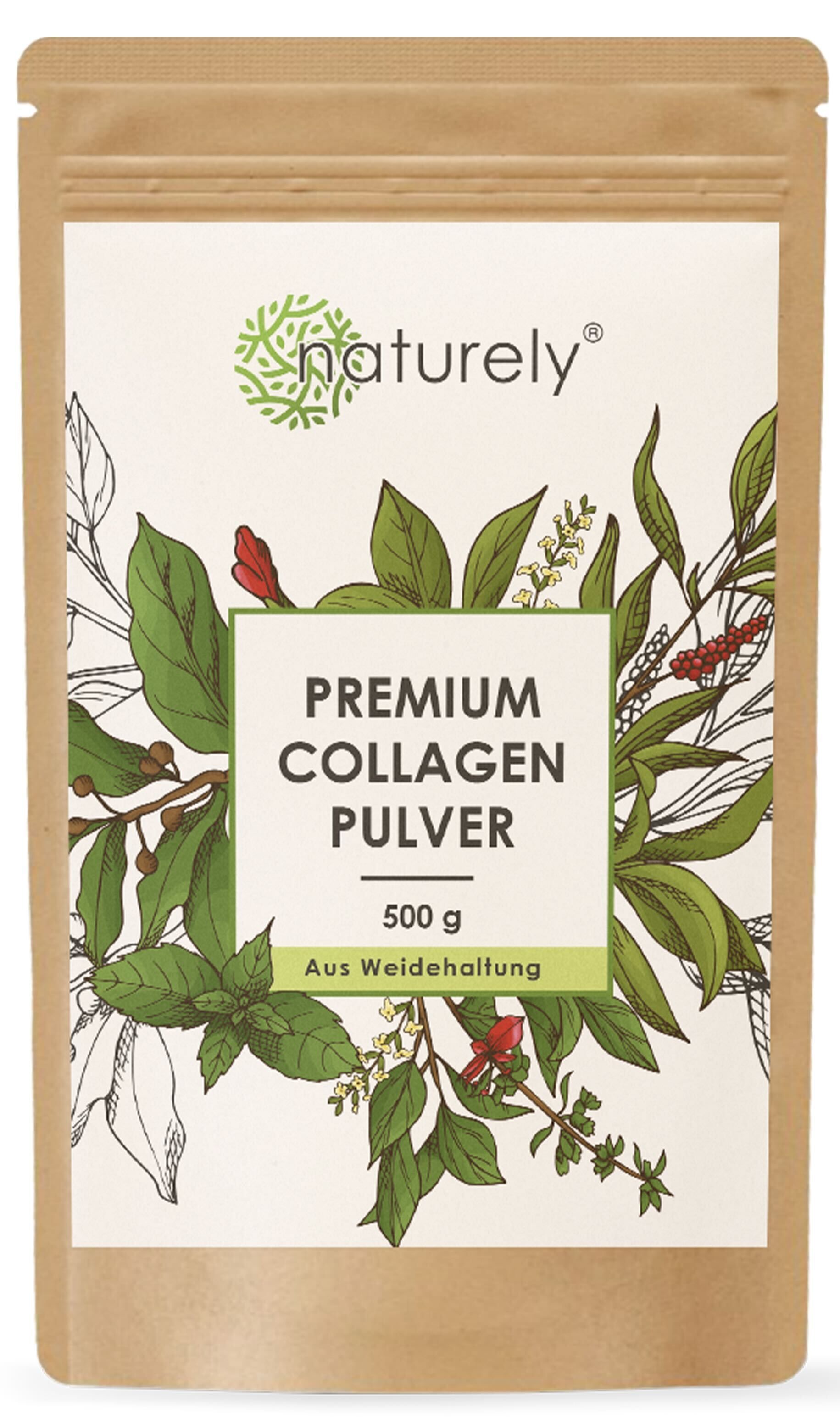 Braune Tüte mit weißem Etikett. Aufschrift: Naturely Premium Kollagen Pulver, 500 g. Illustrationen von Blättern und Blüten.
