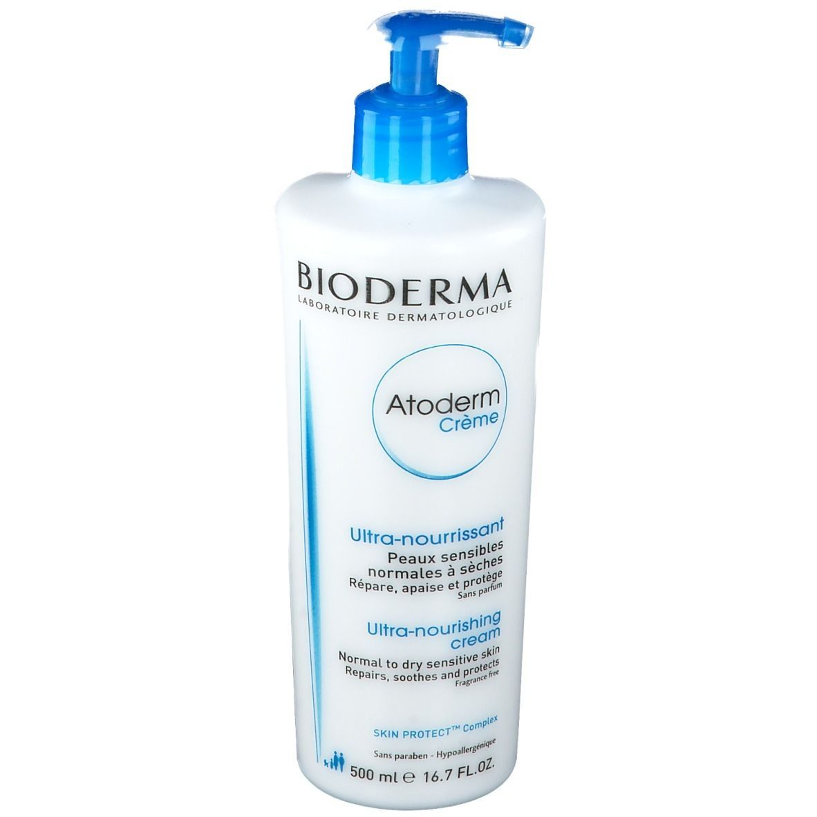 Weiße Flasche mit blauem Pumpverschluss. Text: BIODERMA Atoderm Crème. Ultra-nährende Creme. 500 ml.