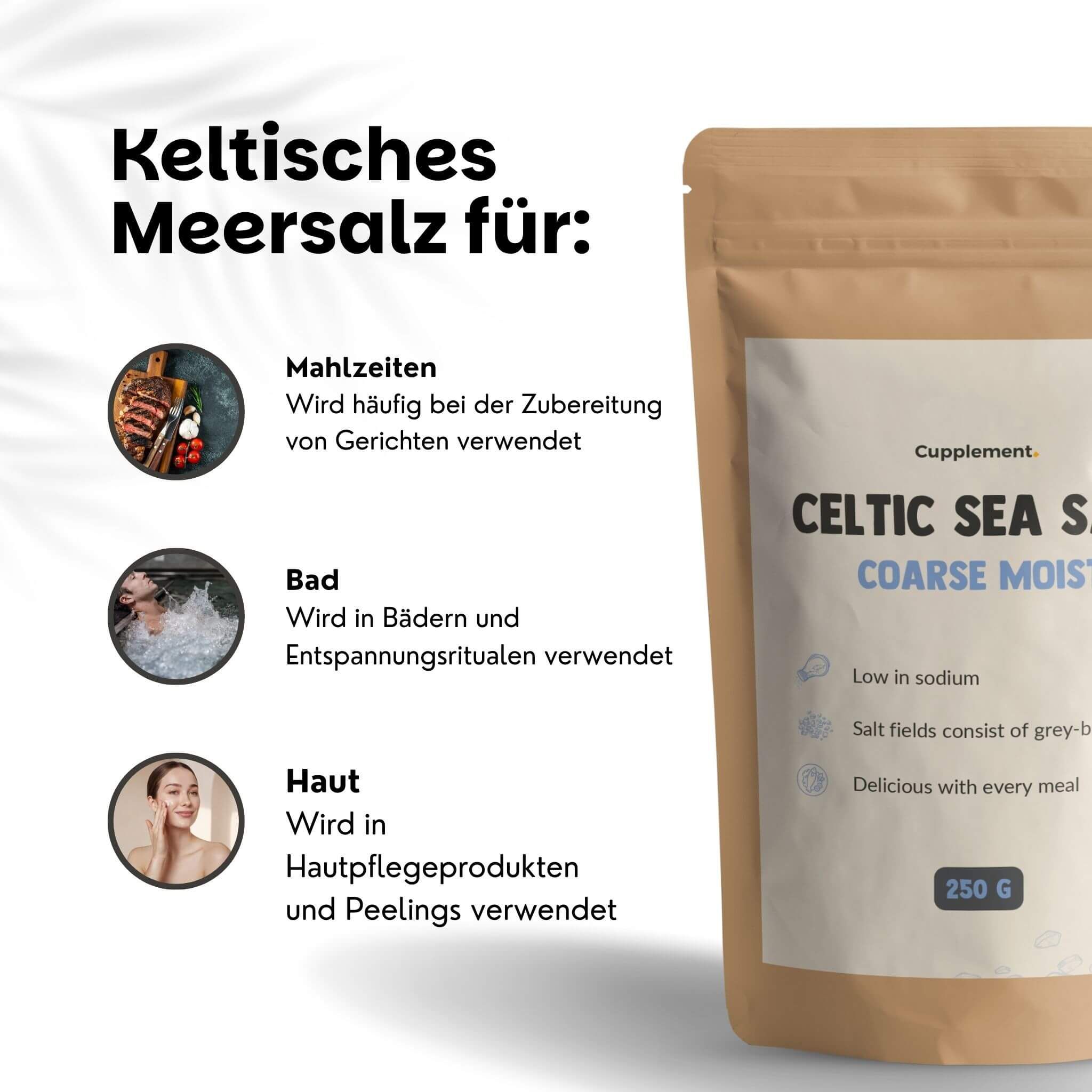 Cupplement Keltisches Meersalz, 250 g. Kundenbewertungen: 4.7/5 Sterne. Braune Verpackung mit weißem Etikett.
