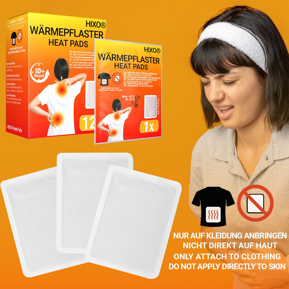 HIXO Wärmepflaster-Packungen und Wärmepflaster. Text: Nur auf Kleidung anbringen. Nicht direkt auf Haut. 12 Stück und 1 Stück Packungen.