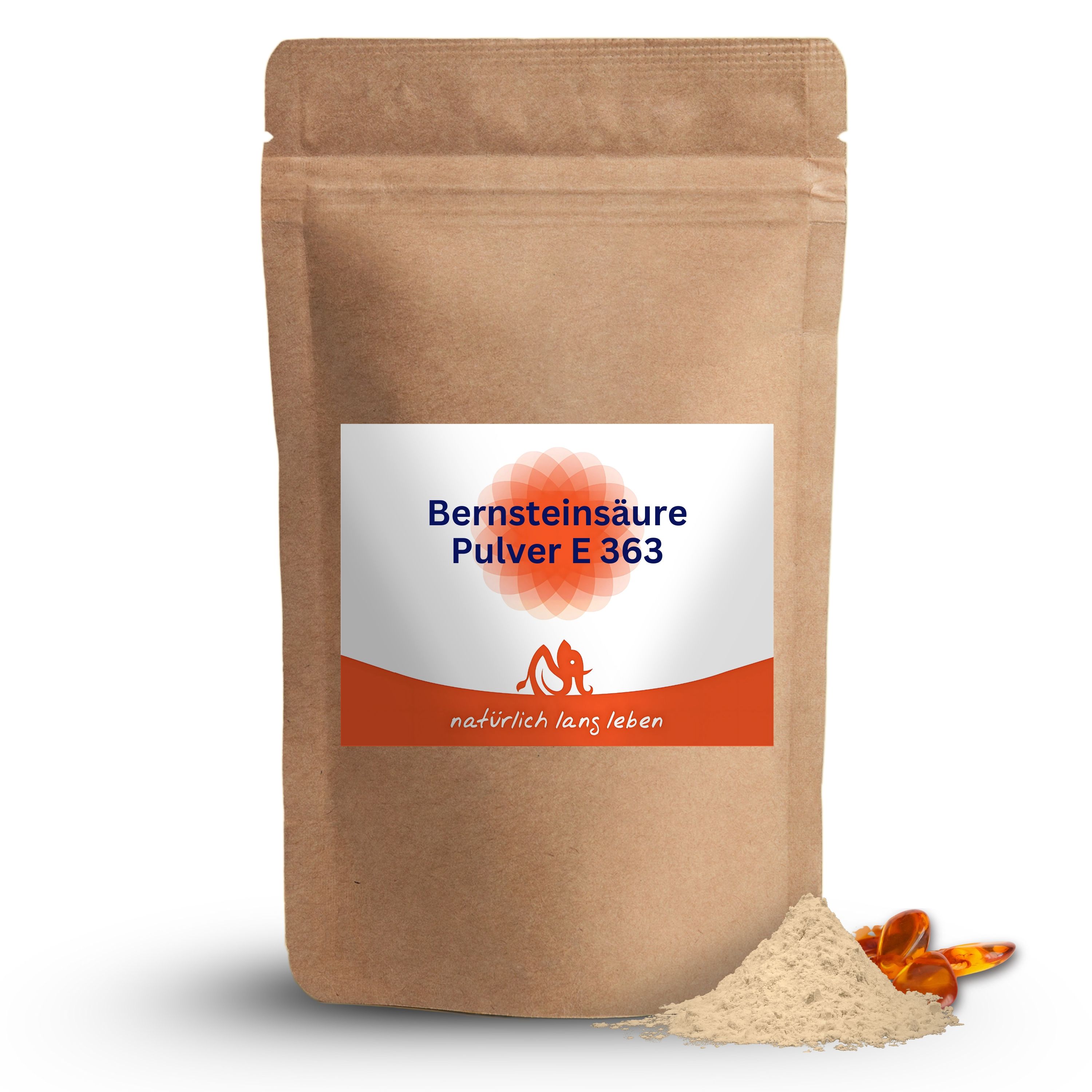 Beutel mit Etikett. Aufschrift: Bernsteinsäure Pulver E 363. Logo: natürlich lang leben. Daneben Pulver und Bernsteine.