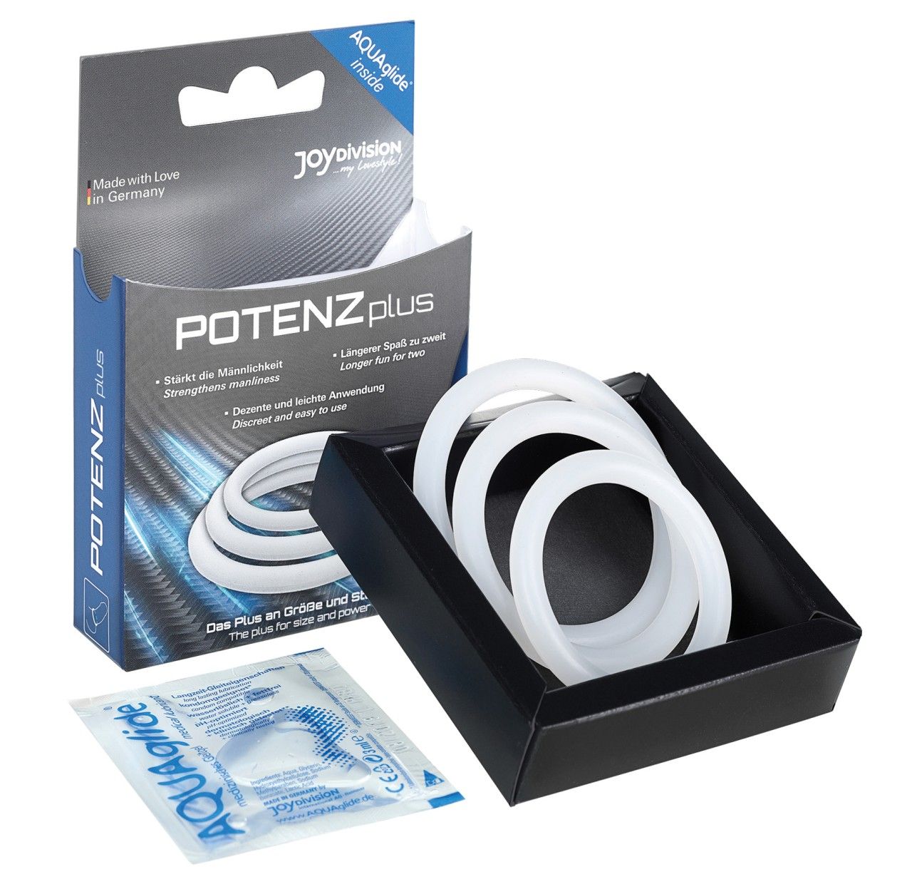 Verpackung mit drei weißen Ringen und einem Beutel Gleitmittel. Marke POTENZplus.