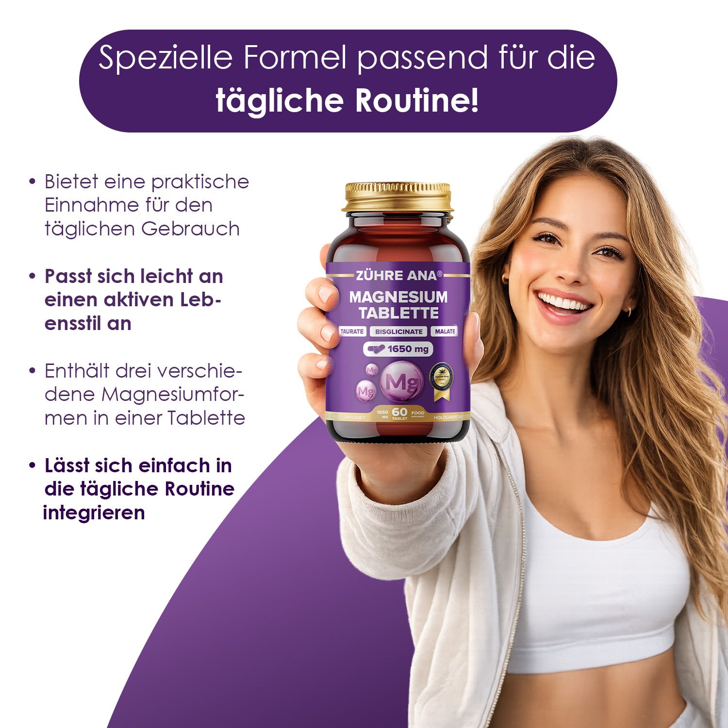 Frau hält Zühre Ana Magnesium Tabletten 1650 mg: Praktische Einnahme für den täglichen Gebrauch.