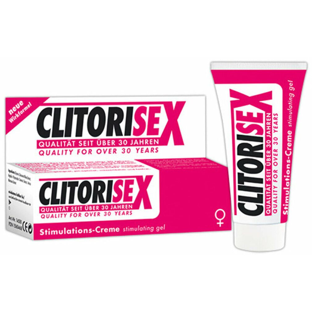 Produktverpackung mit Faltschachtel und Tube. Schriftzug: CLITORISEX. Zusatz: Stimulations-Creme. Qualität seit über 30 Jahren.