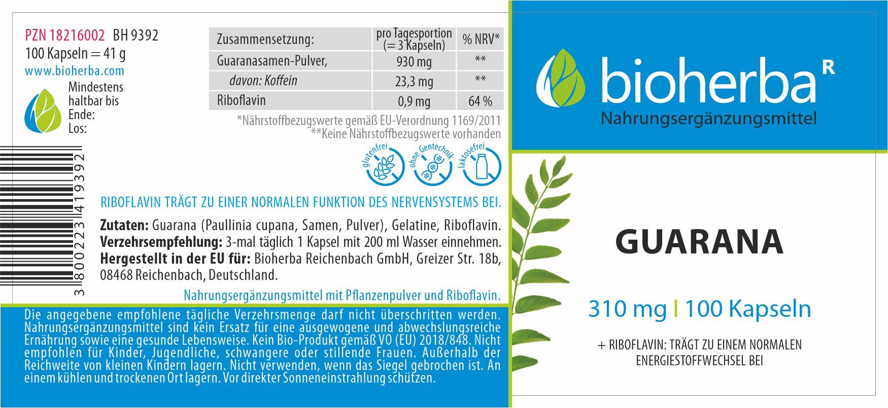 Etikett mit Produktinformationen. Bioherba Guarana Kapseln. Zutaten, Nährwertangaben, Verzehrempfehlung. 100 Kapseln.