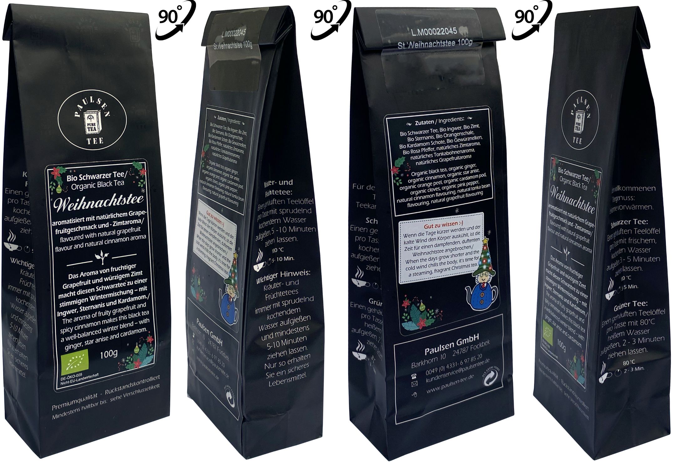 Schwarzer Tee, schwarze Verpackung. Text: Bio Weihnachtstee. Ansichten: Vorder-, Seiten- und Rückseite. Siegel: DE-ÖKO-006.