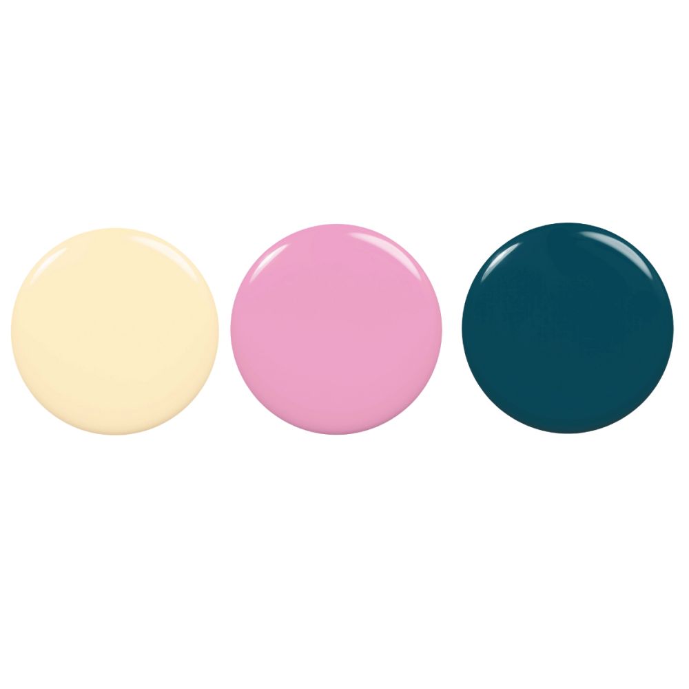 Drei Nagellackfarben von Essie: Gelb, Rosa und Blaugrün. Runde Farbflecken auf weißem Hintergrund.