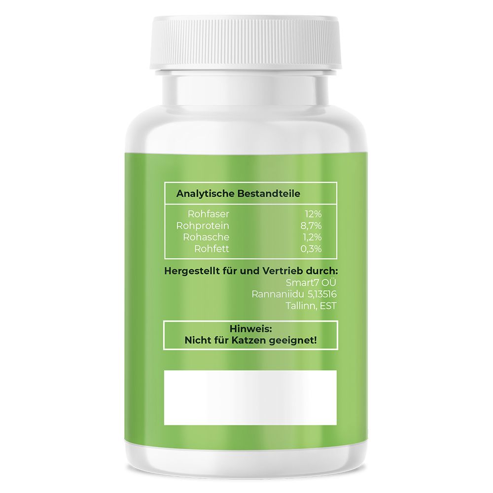 Weiße Flasche mit grünem Etikett. Text: Analytische Bestandteile, hergestellt für Smart7 OU, Hinweis: Nicht für Katzen geeignet!