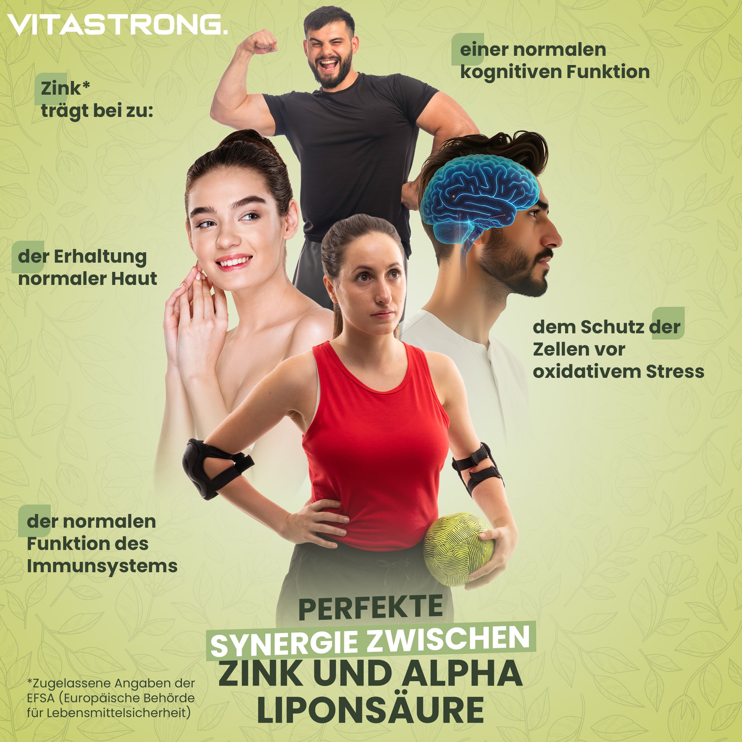 Grafik mit Personen und Text. Text: Zink und Alpha-Liponsäure. Vorteile für Gesundheit.