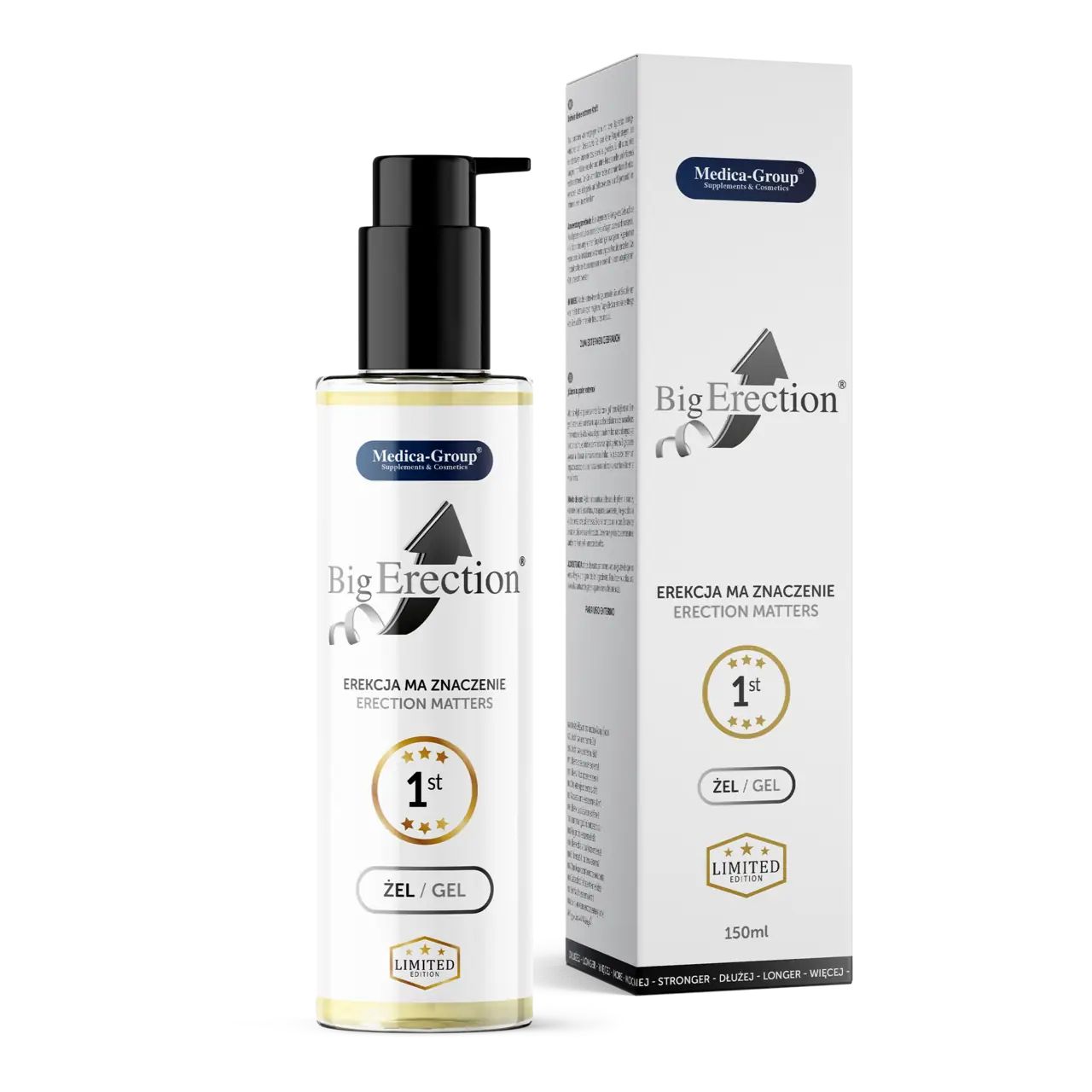 Flasche mit schwarzem Pumpkopf und Verpackung. Produktname und Logo. Text: Erektion hat Bedeutung. 1st, Gel. Limited Edition. 150ml.