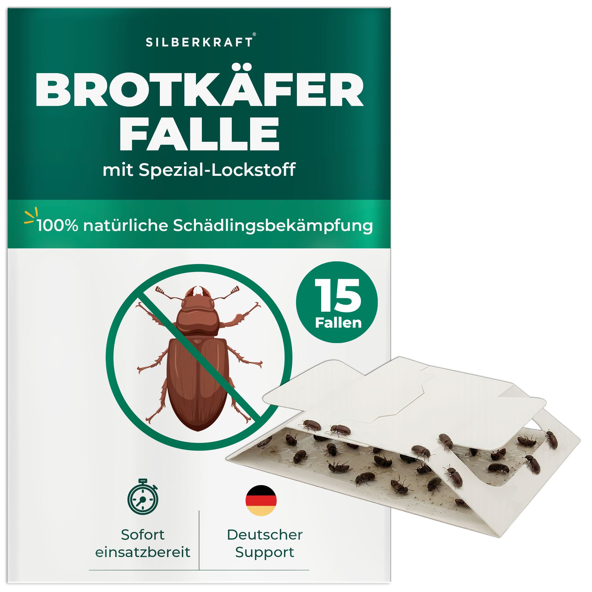 SILBERKRAFT Brotkäfer Falle mit Spezial-Lockstoff. 15 Fallen. Sofort einsatzbereit. Deutscher Support. Abbildung eines Käfers.