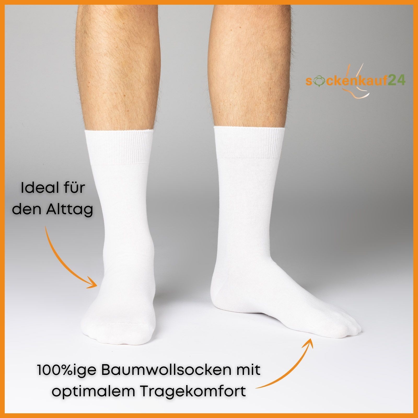 Person trägt weiße Socken. Text: "Ideal für den Alltag" und "100%ige Baumwollsocken mit optimalem Tragekomfort".